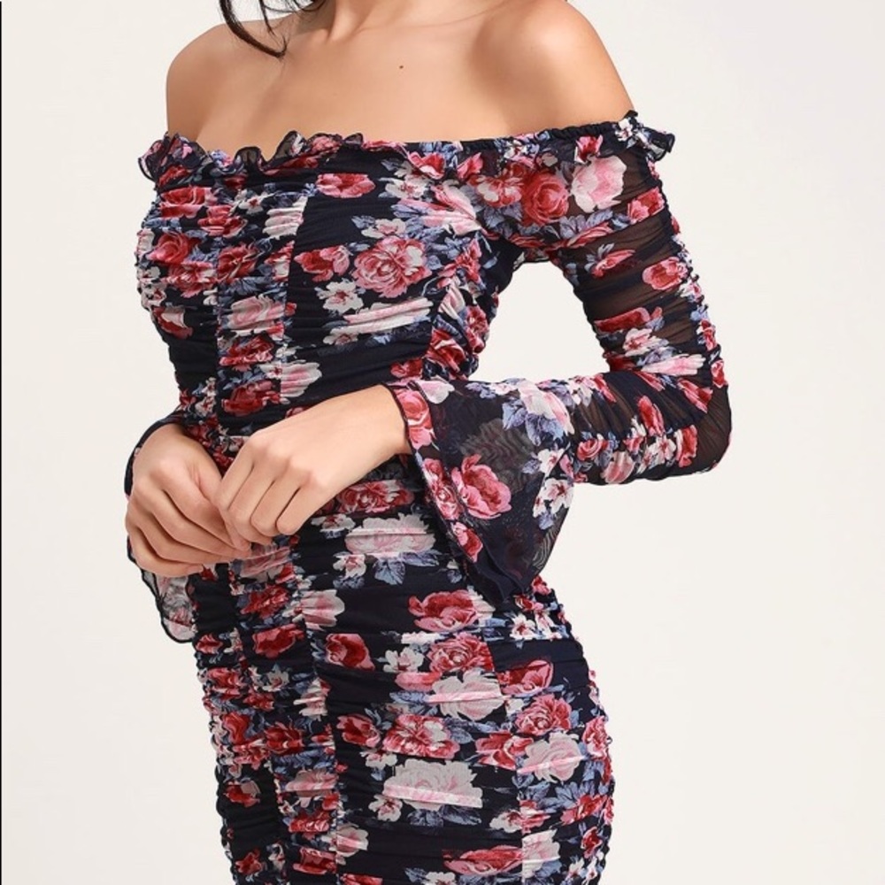 Navy blue floral print off the shoulder dress